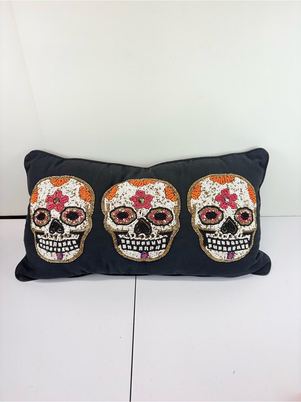 Sweet Street Beaded Sugar Skulls Lumbar Pillow Dia de los Muertos Halloween 22x1
